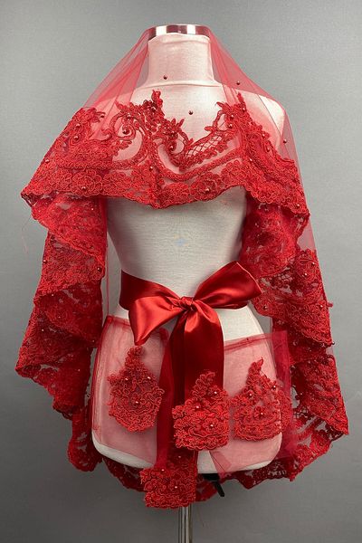 Hobigram Bridal Accessory Red Sultan Pearl Bridal Henna Veil Face Cover – Bridal Accessory, Stylish Design –