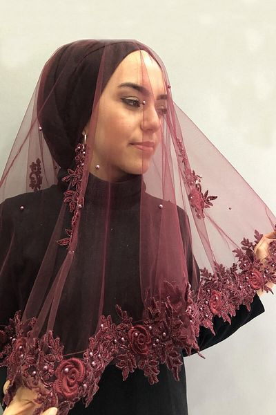 Hobigram Bridal Accessory Burgundy Lace Bridal Veil Henna Face Cover – Bridal Accessory, Stylish Design – Bridal