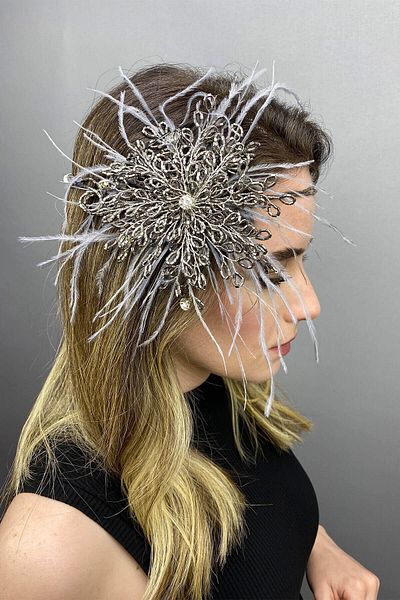 Hobigram Bridal Accessory Anthracite Gray Enzey Feathered Beaded Bridal Hair and Turban Accessory – Bridal Accessory –