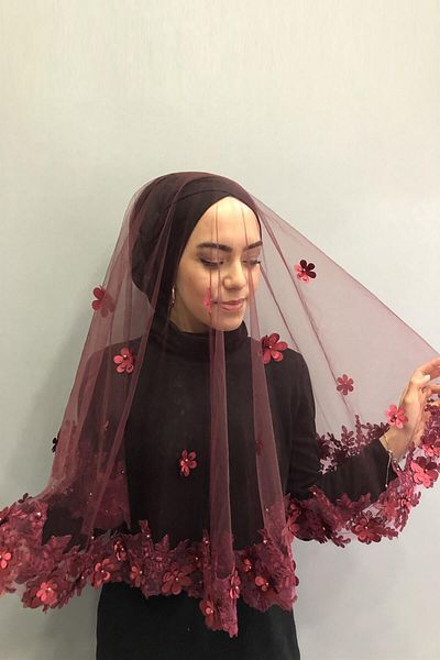 Hobigram Bridal Accessory Burgundy Floral Henna Face Cover Girdle and Gloves – Bridal Accessory, Stylish Design – Gel