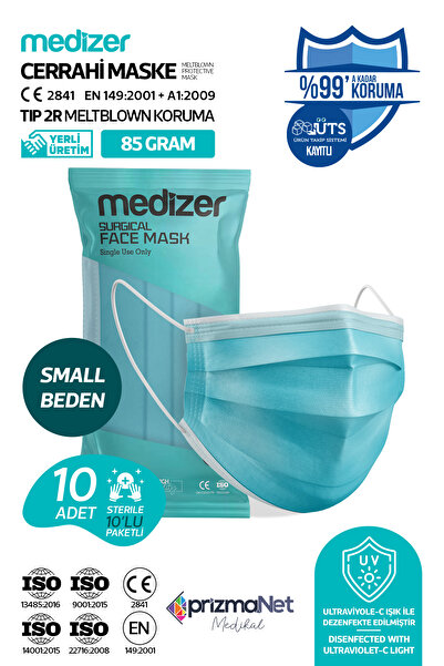 Medizer Meltblown Small Beden Yetişkin Mavi Cerrahi Maske 10'lu 1 Paket - Telli