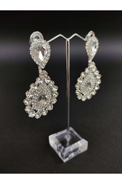 Hobigram Küpe Çeşitleri Beyaz Kristal Taşlı Kına Düğün Gelin Küpesi – Bijuteri Küpe, Şık Tasarım – Bijuteri