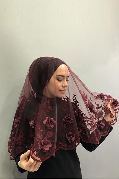 Hobigram Bridal Accessory Burgundy Floral Bridal Veil Henna Face Cover – Bridal Accessory, Stylish Design – Bridal a