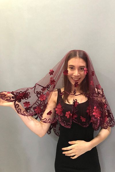 Hobigram Bridal Accessory Burgundy Bridal Face Cover with Glitter Flowers – Bridal Accessory, Stylish Design, Women's Accessory