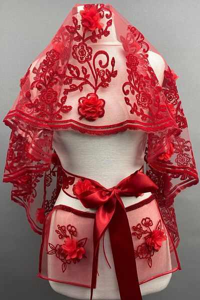 Hobigram Bridal Accessory Red Vendi Laser Floral Glitter Henna Veil Face Cover – Bridal Accessory – Bride