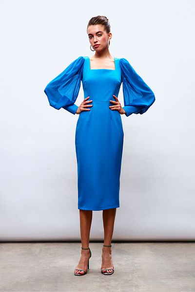 Sateen Rochie din crepon cu maneca sifon - ALBASTRU