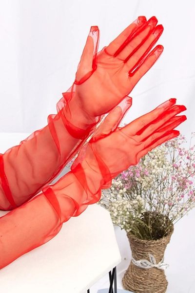 Hobigram Produs de nuntă Mănuși de mireasă roșii Mănuși lungi din tul Mănuși pentru costum – Mănuși, design elegant