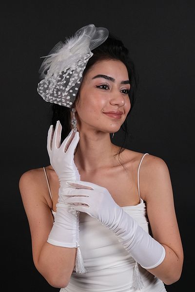 Hobigram Wedding Wedding Product White Polka Dot Bridal Wedding Hat And Tassel Detailed Bridal Gloves