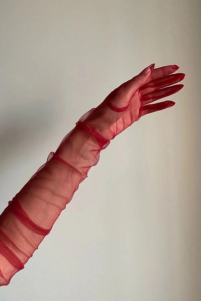 Hobigram Produs de nuntă Mănuși lungi din tul roșu Mănuși pentru costum de mireasă Henna Mănuși din tul