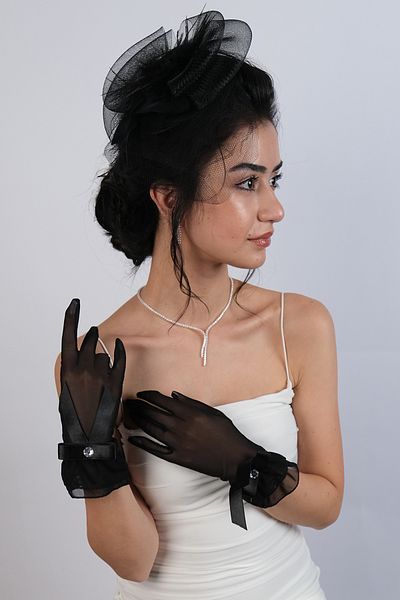 Hobigram Wedding Wedding Product Black Short Ribbon Detailed Stylish Costume Handpiece and Costume Voile Set