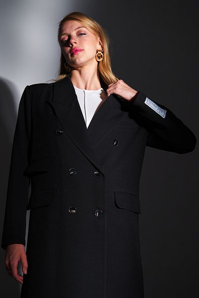 Ortaya Çık Black Premium Double Breasted Collar Long Trench Jacket