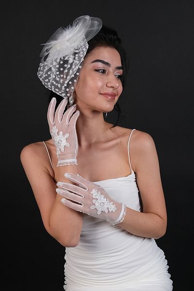 Hobigram Wedding Wedding Product Polka Dot Bridal Voilet And Short Stylish Flower Patterned Bridal Gloves