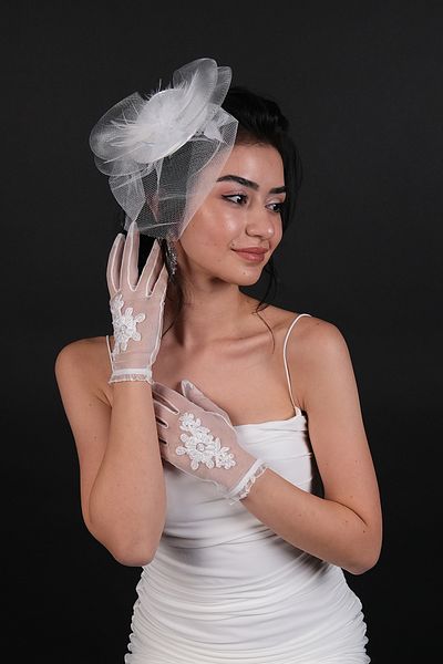 Hobigram Wedding Wedding Product White Flower Detailed Short Bridal Gloves and Bridal Hat Set