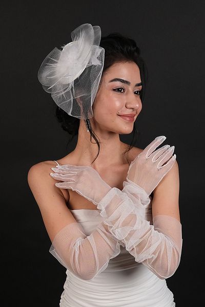 Hobigram Wedding Wedding Product Long White Bridal Gloves and Wedding Cap Set – Gloves, Stylish Design