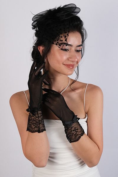 Hobigram Wedding Wedding Product Polka Dot Bridal Hat and Bridal Gloves with Ribbon – Gloves, Stylish Design