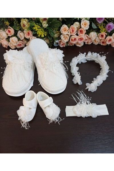 Hobigram Lohsa Sets Maternity Slippers and Crown Feathered Pearl Set of 4 – Maternity Set, Stylish Design, Women's Accessory