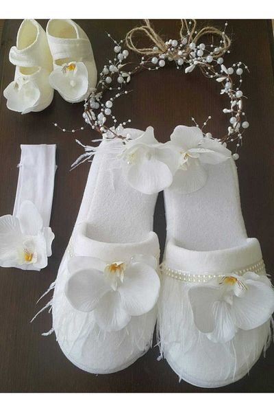 Hobigram Lohsa Sets Women's Orchid Pearl Crown Slippers, Baby Girl Crown Newborn Shoes Maternity Set – Loh