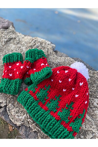 ORGANICMIRA Yılbaşı Bere Eldiven Takım Yeni Yıl Merry Christmas Kırmızı Eldiven Şapka Özel Tasarım