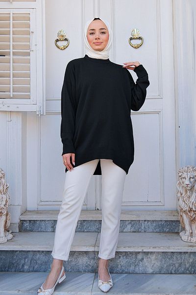 LOCCO Black Oversize Knitwear Women's Sweater - Crew Neck