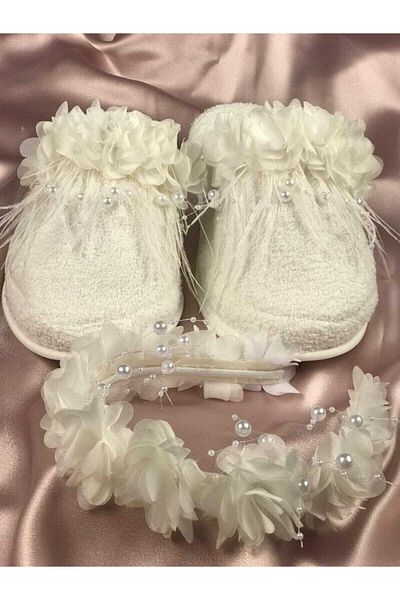 Hobigram Lohsa Sets White Pearl White Flower Decorated Maternity Slippers Crown Set – Maternity Set, Stylish Design