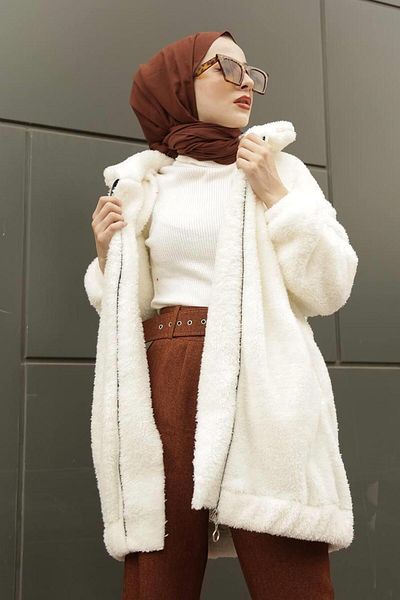 moda periy women's modest basic seasonal winter plush hijab cardigan with zipper pocket
