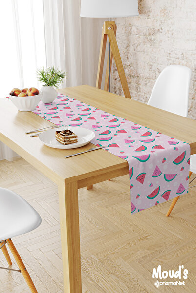 Moud's Τραπεζομάντιλο Runner Suede με ροζ μοτίβο καρπούζι και φράουλα