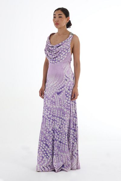 Balizza BLZ-NECK COLLAR STRAP CHEST GARMED PATTERNED SILK EVENING DRESS