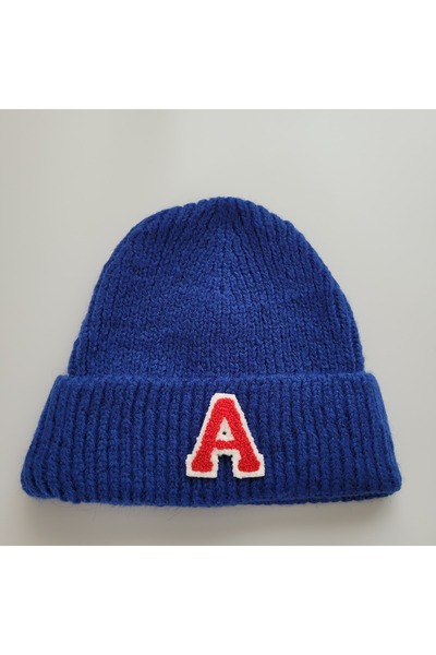 initialess Literă A Mohair Fold Knit Blue Wool Beanie