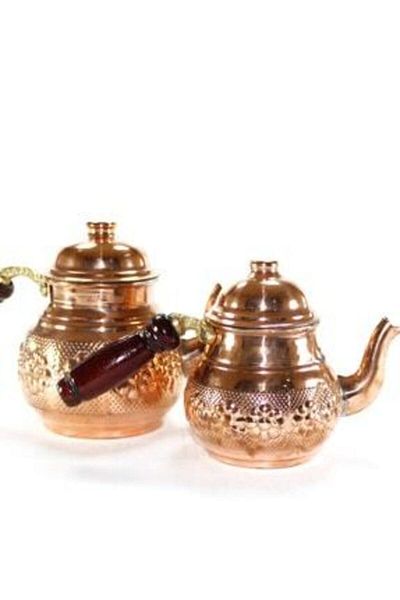 Papatya Ticaret Copper Teapot with Wooden Handle Pewter Natural Copper Teapot
