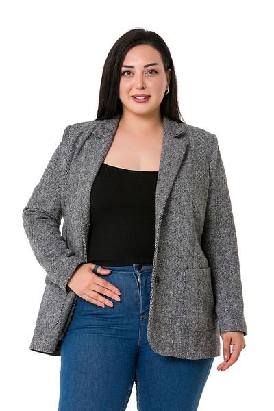 DISENTIS MODEST Large Size Pocketed Herringbone Blazer Lined Ecru Jacket