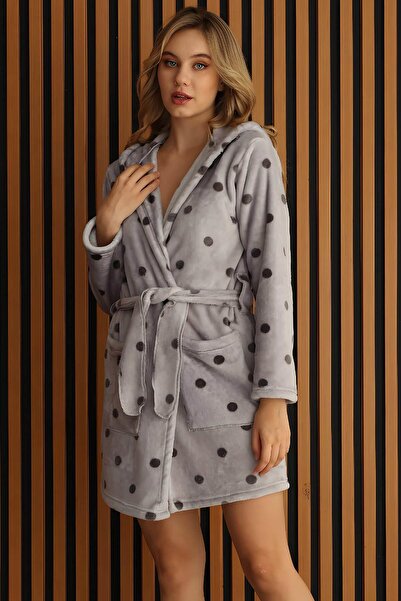 Pijamaevi Šedý dámský župan s kapucí a vzorem z měkkého plyše