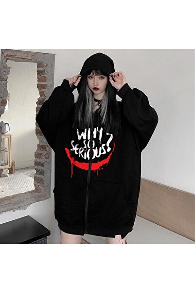 Violon Why So Serious Printed Oversize Μαύρη ζακέτα με κουκούλα Unisex με φερ...