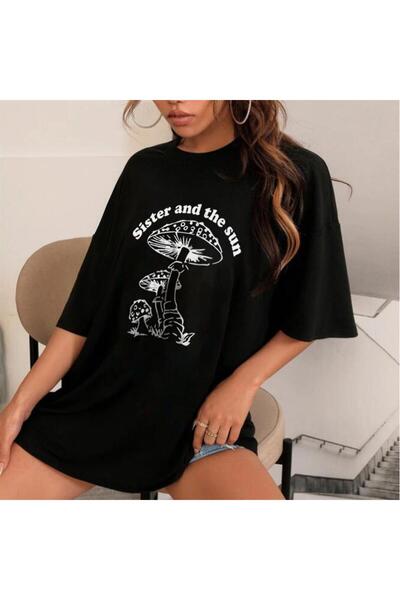 Violon تي شيرت أسود كبير الحجم مطبوع عليه الأخت والشمس للجنسين