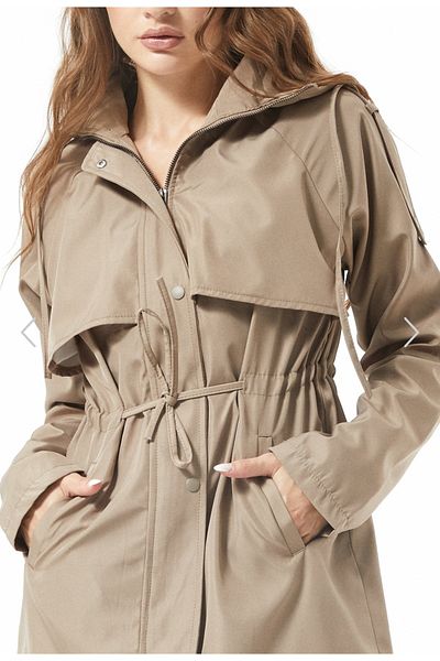 Alegante Women's Zippered Waist Gathered Wide Fit Hooded Mink Color Trench Coat