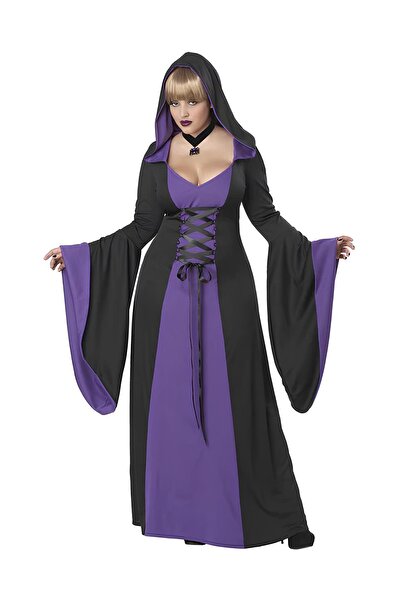 YÜSÜ Yetişkin Kapşonlu Siyah-Mor Cadı Kostümü