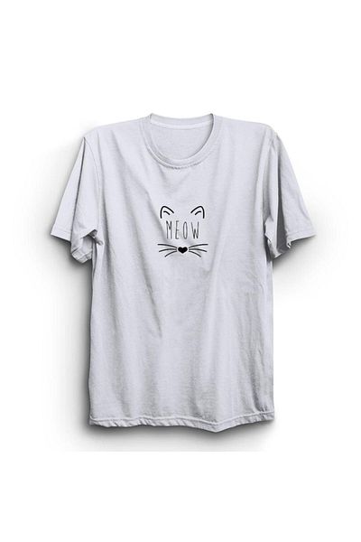 fame-stoned Μπλουζάκι με στάμπα Meow Cat Unisex 100% βαμβακερό λευκό