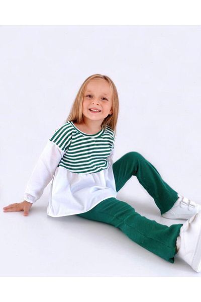 le petit sole Girl's Striped Green Bottom-Top Set