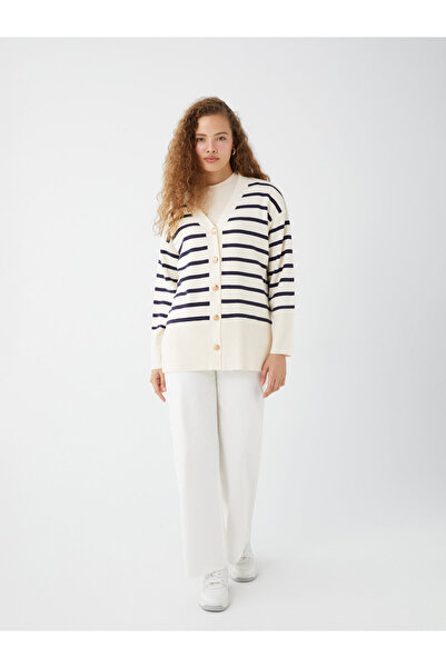 LC Waikiki Pruhovaný dámský pletený kardigan s dlouhým rukávem a výstřihem do V