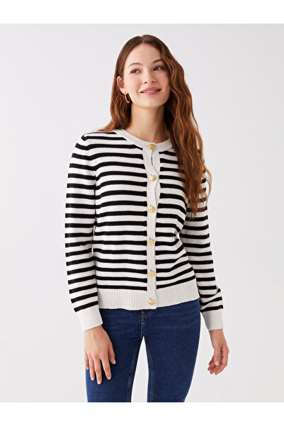 LC Waikiki Gestreifter, langärmliger Strick-Cardigan für Damen mit Rundhalsausschnitt