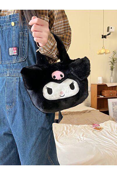 MJ TOYS Kuromi Siyah Peluş Kadın Çanta Kadın Çantası El Çantası Günlük Çanta Tablet Çantası Kozmetik Çanta