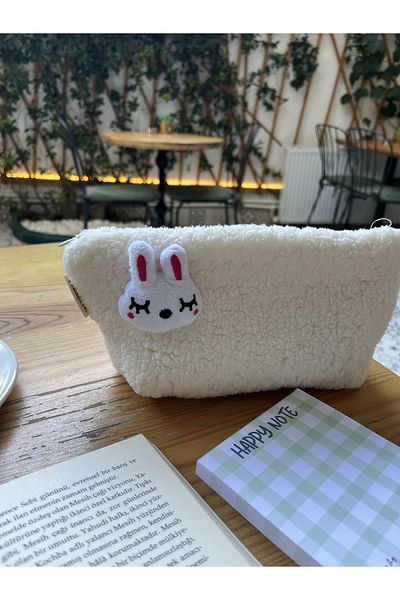 sumicorn Cute Rabbit Plush Washable Zippered Gingham Lined Cloth Pen Holder Pencil Case Makeup Bag
