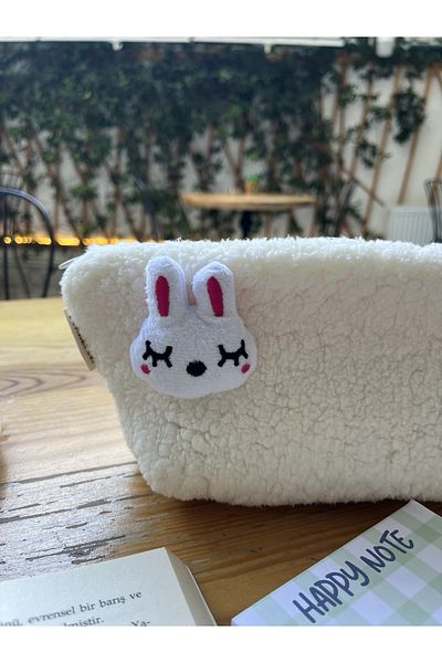 sumicorn Cute Rabbit Plush Washable Zippered Gingham Lined Cloth Pen Holder Pencil Case Makeup Bag