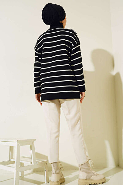 benguen 5107 Turtleneck Striped Knitwear Black