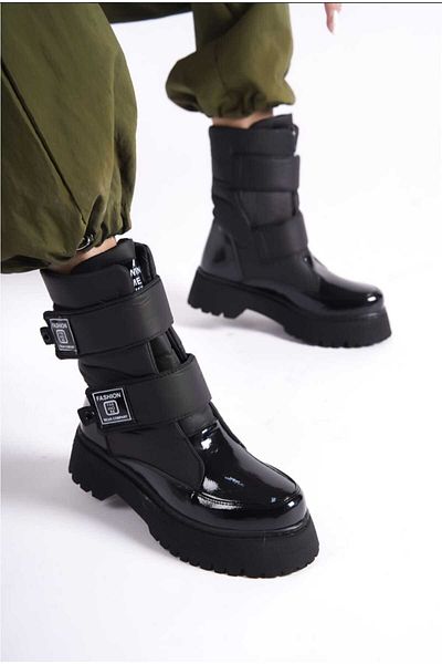 Eray Γυναικείες μαύρες λουστρίνι Velcro Parachute ύφασμα χοντρή σόλα Snow Boots