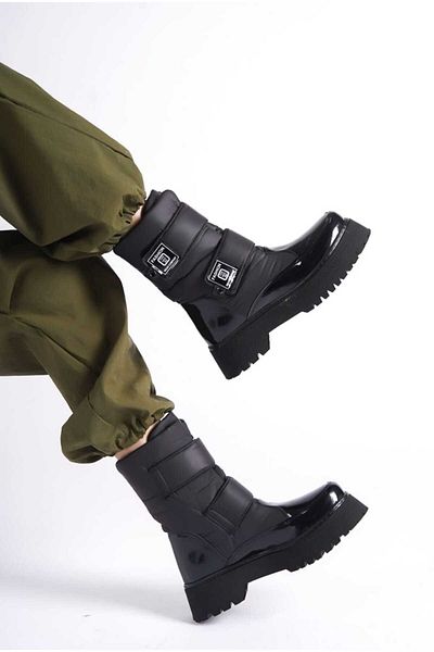 Eray Γυναικείες μαύρες λουστρίνι Velcro Parachute ύφασμα χοντρή σόλα Snow Boots