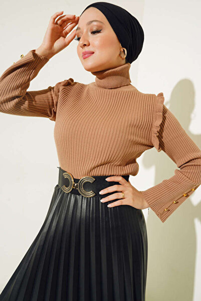 flamingom Omuz Fırfırlı Kol Düğmeli Triko Kazak