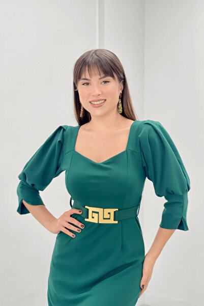 giyimmasalı Krep Kumaş Kalp Yaka Kalem Elbise - ZÜMRÜT YEŞİL