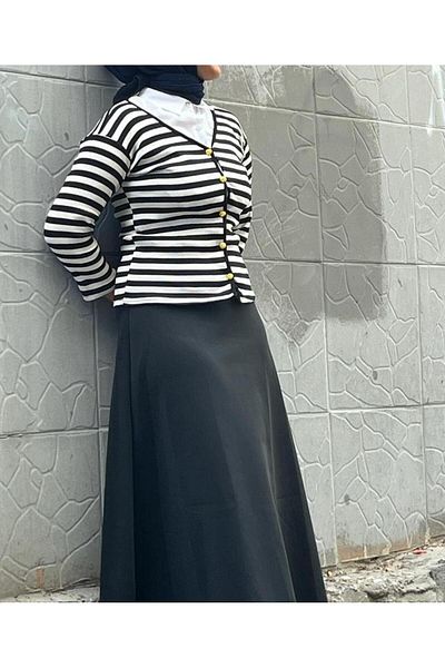 CNG MODA Striped V-Neck Corded Gold Button Detailed Knitwear Cardigan