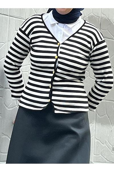 CNG MODA Striped V-Neck Corded Gold Button Detailed Knitwear Cardigan