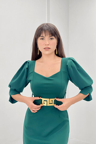 giyimmasalı Krep Kumaş Kalp Yaka Kalem Elbise - ZÜMRÜT YEŞİL